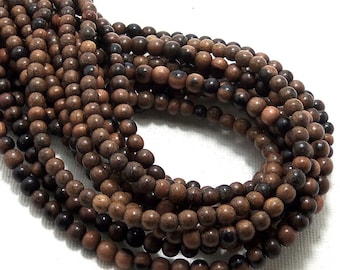 Ebony Wood Bead, 4mm - 5mm, Round, Medium to Dark Brown, Smooth, Natural Wood Beads, Very Small, 16-Inch Strand - ID 1308-MD