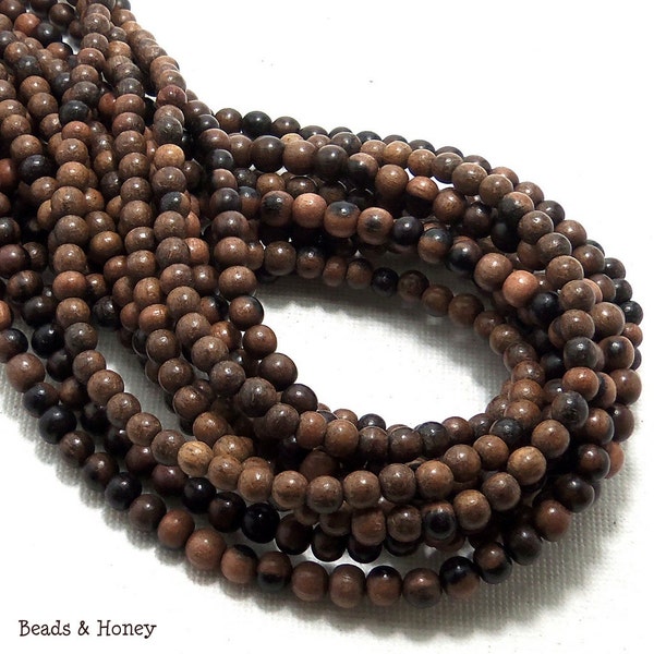 Ebony Wood Bead, 4mm - 5mm, Round, Medium to Dark Brown, Smooth, Natural Wood Beads, Very Small, 16-Inch Strand - ID 1308-MD