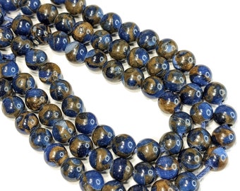 Blue Mosaic Quartz, Large Hole Bead, 8mm, Dakota Stones, Round, Smooth, Marbled Quartz w/Bronzite, Gemstone Bead, 7.5-Inch Strand - ID 2780