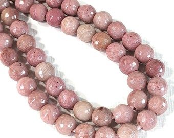 Rhodonite, Large Hole, 8mm, Round, Faceted, Dakota Stones, Pink, Shaded, Haitian Flower, Tan, Natural Gemstone Bead, 8-Inch Strand - ID 2655