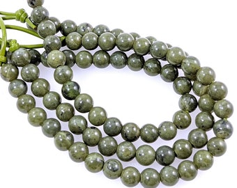 Canadian Jade, Nephrite, Large Hole Bead, 8mm, Dakota Stones, Round, Green and Black, Natural Gemstone Bead, 8-Inch Strand - ID 2682