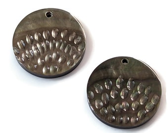 Black Tahiti Shell Focal Beads, 25mm, Dotted Design, Grey/Multicolored, Coin, Pendant, Natural, Artisan Handmade, Large (2pc) - ID 2766-SET2