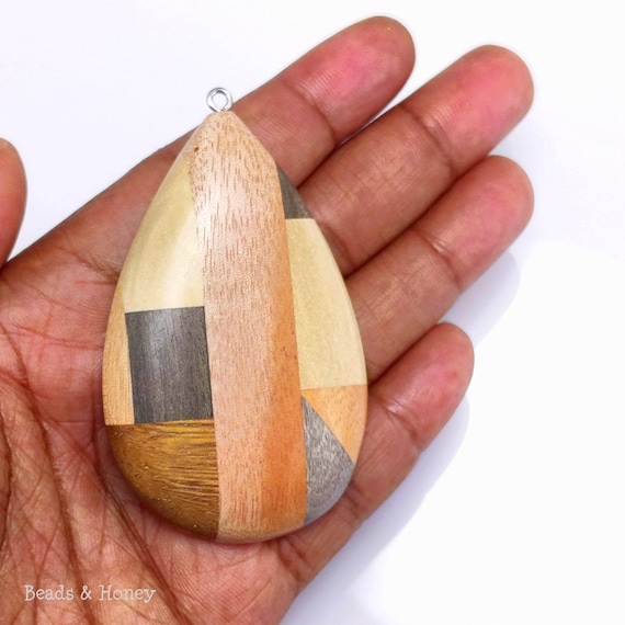Large Multicolored Natural Wood - ID 2596-PNDT Artisan Made 1pc Mosaic Mixed Wood Shield Pendant with Stainless Steel Bail 64x47x7mm