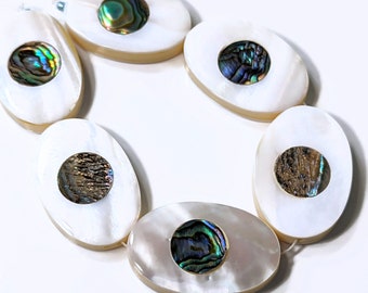 Makabibi Shell w/Abalone Shell Inlay, Set of 7pcs, Oval, Natural Shell, Artisan Handmade, Unique Focal Bead, 22x34mm, Large - ID 1579-SET7