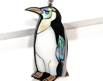 Handmade Penguin Pendant, Abalone Shell, Multicolored, Black/White, Animal Lover, Mosaic, Nickel Free Bail, Large, 53x25mm - ID 2540-PNDT