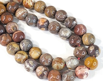 Bird's Eye Rhyolite, Large Hole, 10mm, Rainforest Jasper, Round, Dakota Stones, Brown/Red, Smooth, Natural Gemstone Bead, 8" Str - ID 2657