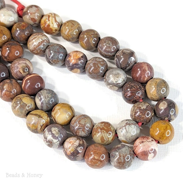 Bird's Eye Rhyolite, Large Hole, 10mm, Rainforest Jasper, Round, Dakota Stones, Brown/Red, Smooth, Natural Gemstone Bead, 8" Str - ID 2657