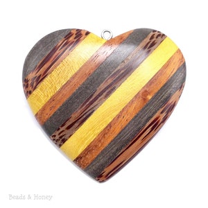 Mosaic Mixed Wood Heart Pendant with Stainless Steel Bail, Multicolored, Large, Artisan Made, Natural Wood, 56x52x10mm, 1pc ID 2591-PNDT image 3