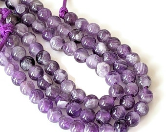 Cape Amethyst, Large Hole Bead, 8mm, Dog Teeth, Dakota Stones, Round, Smooth, Purple and White, Gemstone Bead, 8 Inch Strand - ID 2418