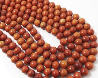 Sibucao Wood, 10mm, Round, Smooth, Red-Orange Beads, Natural Redwood Beads, Wooden Beads, 16 Inch Strand - ID 1402