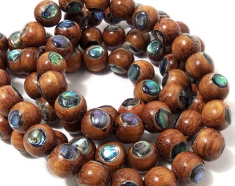 Bayong Wood with Abalone Shell Inlay, Natural, Round, Smooth, 10mm, Half Strand, 20pcs - ID 1713