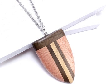 Mosaic Mixed Wood Shield Pendant with Stainless Steel Bail, Multicolored, Large, Artisan Made, Natural Wood, 64x47x7mm (1pc) - ID 2596-PNDT