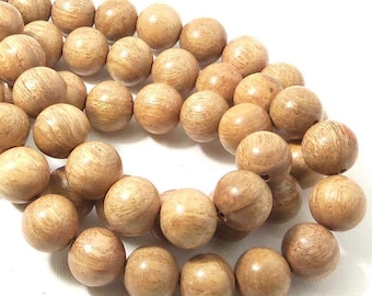 Narra Wood Bead, 14mm, Very Light, Tan, Ash, Round, Smooth, Natural Wood Beads, Large, 16 Inch Strand - ID 1657-VLT