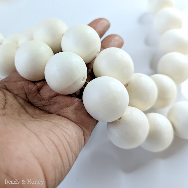 Whitewood, 25mm, Bleached, Round, White/Off-White, Large, Big, Philippine, Artisan Handmade, Natural Wood Beads, 16-Inch Strand - ID 2753