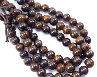 Bronzite, Large Hole Bead, 8mm, Dakota Stones, Round, Smooth, Dark Brown with Brassy Highlights, Natural Gemstone, 8-Inch Strand - ID 2661