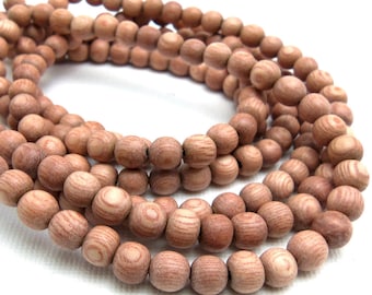 Rosewood Beads, 6mm - 7mm, Round, Pink/Tan/Light Brown, Small, Smooth, Natural Wood Beads, Artisan Handmade, 16 Inch Strand - ID 1050