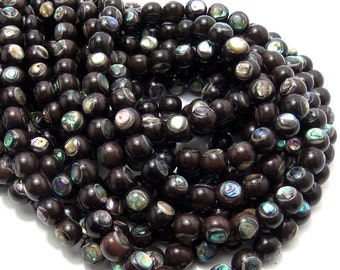 Ebony with Shell Inlay, 7mm - 8mm, Round, Smooth, Artisan Handmade Bead, Small, 8-Inch Strand - ID 1484