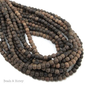 Unfinished Ebony Wood Bead, 4mm - 5mm, Unwaxed, Brown/Banded, Round, Small, Kamagong, Natural Wood Bead, 16 Inch Strand - ID 2354-BWN
