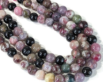 Tourmaline, Large Hole, 8mm, Round, Multicolored, Smooth, Dakota Stones, Pink/Purple/Black, Natural Gemstone Bead, 8-Inch Strand - ID 2654