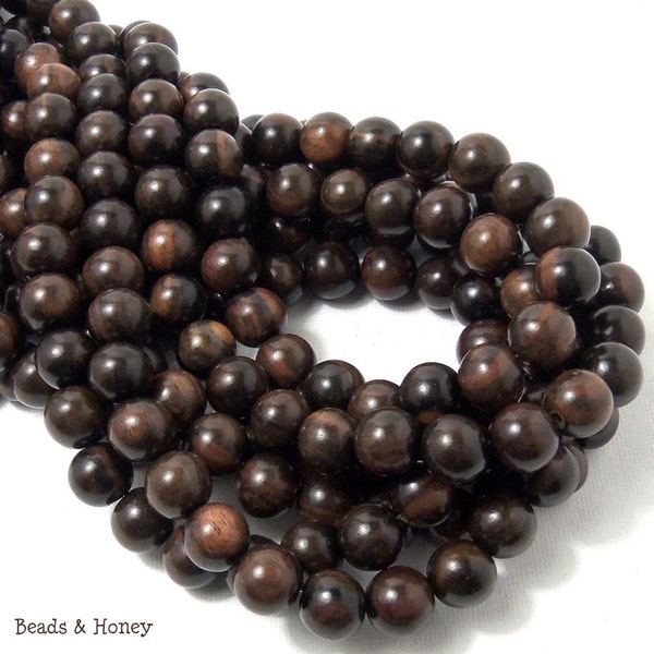 Ebony Wood Bead, 10mm, Round, Dark Brown/Black, Smooth, Tiger Ebony Wood, Large, Kamagong, Natural Wood Beads, 16 Inch Strand - ID 1306