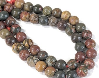 Red Creek Jasper, Large Hole Bead, 8mm, Dakota Stones, Round, Smooth, Red/Brown/Tan/Gray/Green, Gemstone Beads, 8 Inch Strand - ID 2335