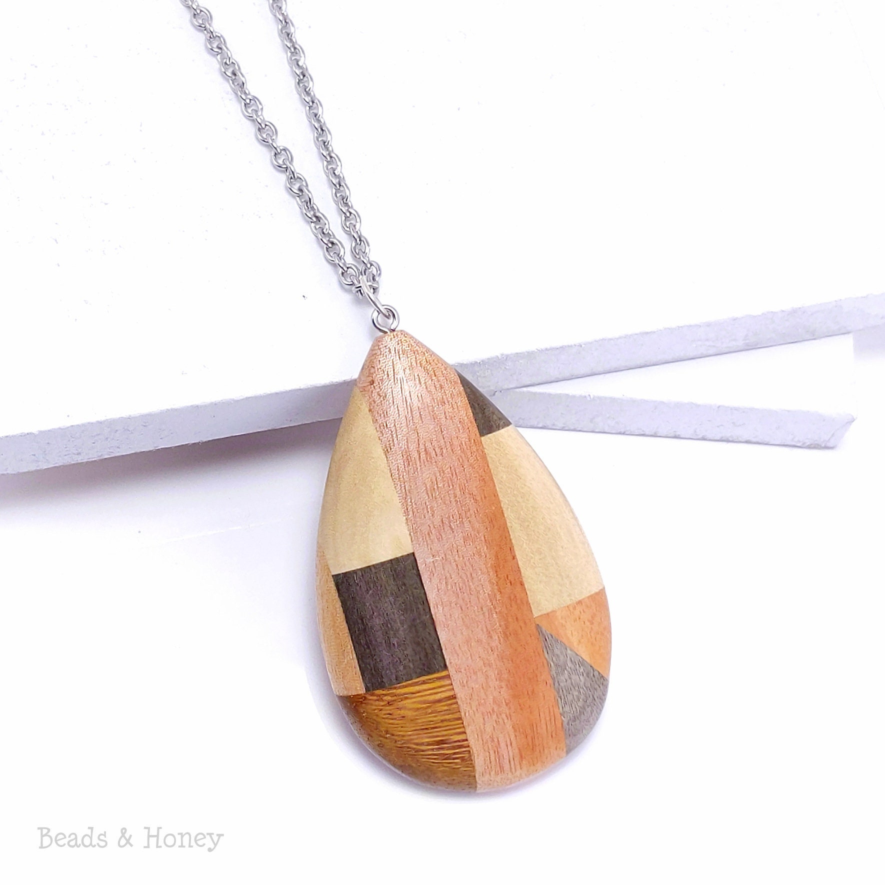 Large Multicolored Natural Wood - ID 2596-PNDT Artisan Made 1pc Mosaic Mixed Wood Shield Pendant with Stainless Steel Bail 64x47x7mm