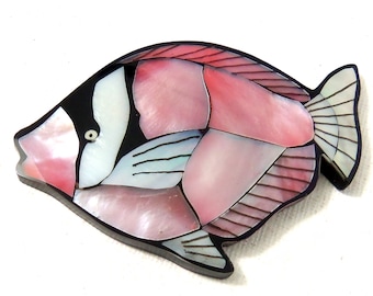 Mosaic Shell Cabochon, Pink Angelfish, Large Fish, Inlaid Resin Cabochon, Big, Flat Back Cab, Pink and White, 65mm x 45mm (1pc) - ID 2533