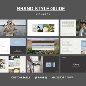 Peut inclure: Un graphique gris foncé avec le texte "BRAND STYLE GUIDE" et "VISUALEY". L'image présente une collection d'éléments de conception, notamment des photos, du texte et une chemise. Le texte "CUSTOMISABLE (9 PAGES) MADE FOR CANVA" est en bas.