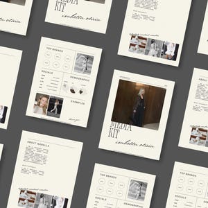 May include: Several cream-coloured media kit pages with black text and images. The pages display the text "MEDIA KIT" and "isabella olivia" in an elegant font. The pages include sections for top brands, social media stats, and demographic information.
