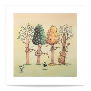 May include: A whimsical illustration depicts four anthropomorphic trees playing musical instruments. A tree with green leaves plays the violin, another with apples plays the guitar, a third with yellow leaves plays the flute, and a fourth with no leaves plays the cello. A small dog conducts.