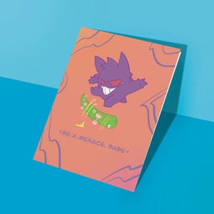 Gengar, soyez une menace ! | Carte de voeux Pokemon skateboard cool, jolie carte vierge numérique imprimable prête à l'emploi dessinée à la main drôle