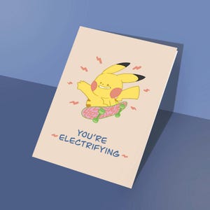 Pikachu Du bist elektrisierend | Coole Skateboard Pokemon Grußkarte, niedliche lustige Hand gezeichnete digitale druckbare bereit, leere Karte zu verwenden