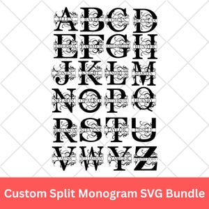 Pacchetto SVG con monogramma diviso personalizzato, alfabeti con lettere divise, nomi e iniziali divisi in PNG, SVG, file di stampa, silhouette con lettere divise