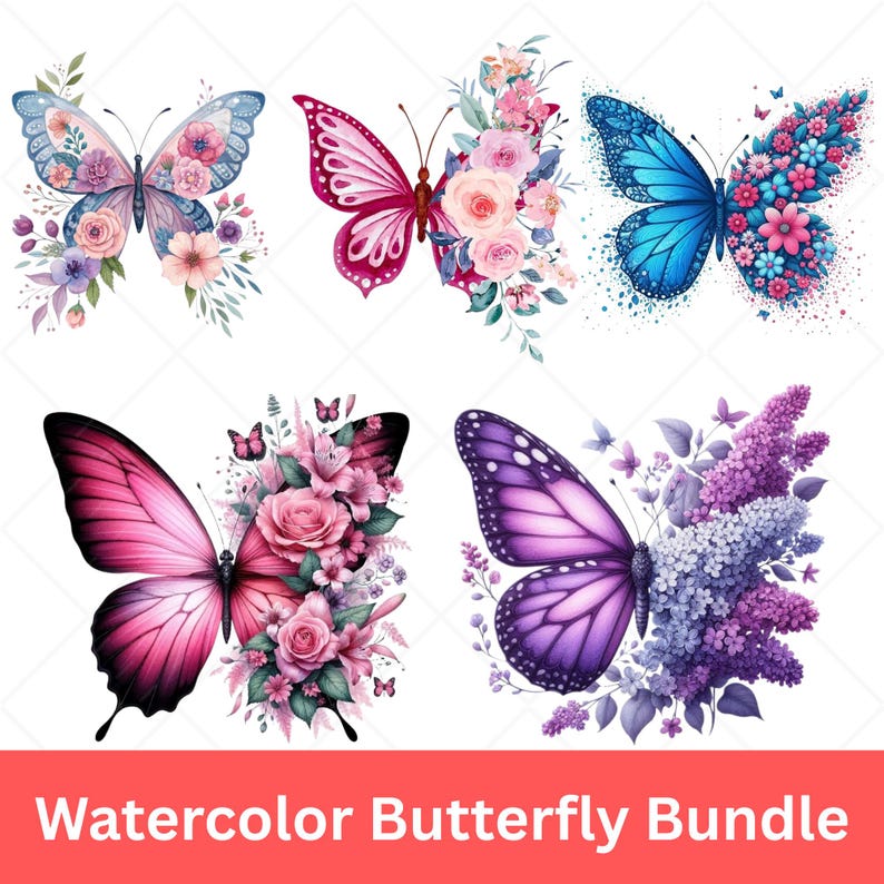 Watercolor Butterfly SVG Bundle – Colorful Clipart in Pink, Purple, Red ...