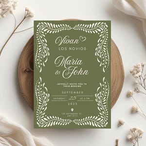 Sage Gree Talavera Wedding Invitation Template | Papel Picado Wedding Invite | Sage Green Mexican Wedding | Canva Edit | Instant Download