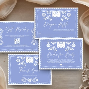Tarjetas para baby shower de Blue Cielito Lindo / Rifa de pañales Papel Picado, Libros para bebé, Lista de regalos y agradecimientos / Edición con Canva / Descarga instantánea