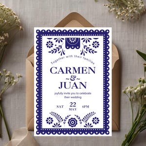 Mexican Wedding Invitation Papel Picado Template | Papel Picado Wedding Invite | Talavera Mexican Wedding | Canva Edit | Instant Download