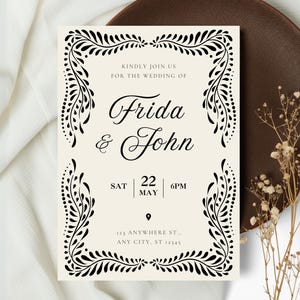 Mexican Talavera Wedding Invitation Templates | Papel Picado Wedding Invites | Elegant Black Mexican Wedding | Canva Edit | Instant Download