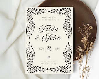 Mexican Talavera Wedding Invitation Templates | Papel Picado Wedding Invites | Elegant Black Mexican Wedding | Canva Edit | Instant Download