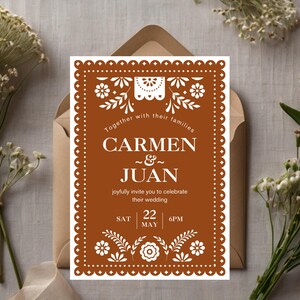 Mexicaanse huwelijksuitnodiging Papel Picado-sjabloon | Papel Picado-huwelijksuitnodiging | Boho rustieke Mexicaanse bruiloft | Canvas bewerken | Direct downloaden