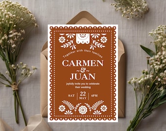 Mexican Wedding Invitation Papel Picado Template | Papel Picado Wedding Invite | Boho Rustic Mexican Wedding | Canva Edit | Instant Download