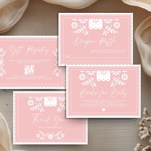 Pink Cielito Lindo Baby Shower Cards | Papel Picado Diaper raffle, Books for Baby, Gift Registry & Thank You | Canva Edit | Instant Download