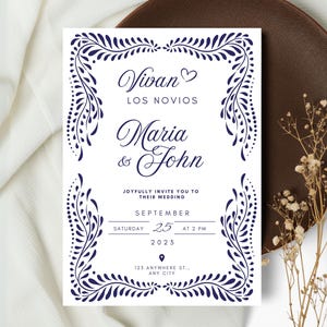 Mexican Talavera Wedding Invitation Template | Papel Picado Wedding Invite | Elegant Blue Mexican Wedding | Canva Edit | Instant Download