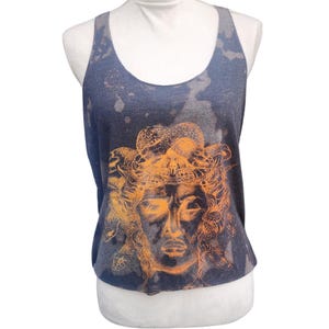 Bleach Tie Dyed, Reworked Handmade Medusa Graphic Cropped Racerback Tank Top. Size: 2XL
