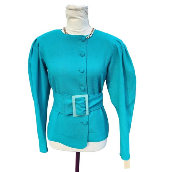 Jean Muir, NWT Vintage Jean Muir Studio Teal Blue Wool Belted Puff Sleeve Jacket Blazer 8