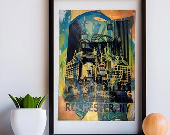 Der 'Dian Cecht'. Monoprint Poster der Rochester, NY Skyline. 33cm