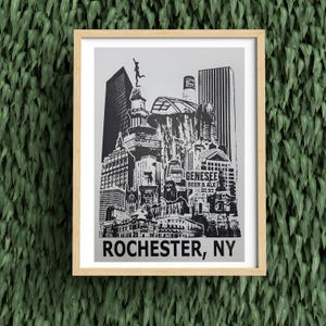 Rochester, NY Cityscape Art Print - Modern Minimalist Black and White Design, 13 x 19&quot;