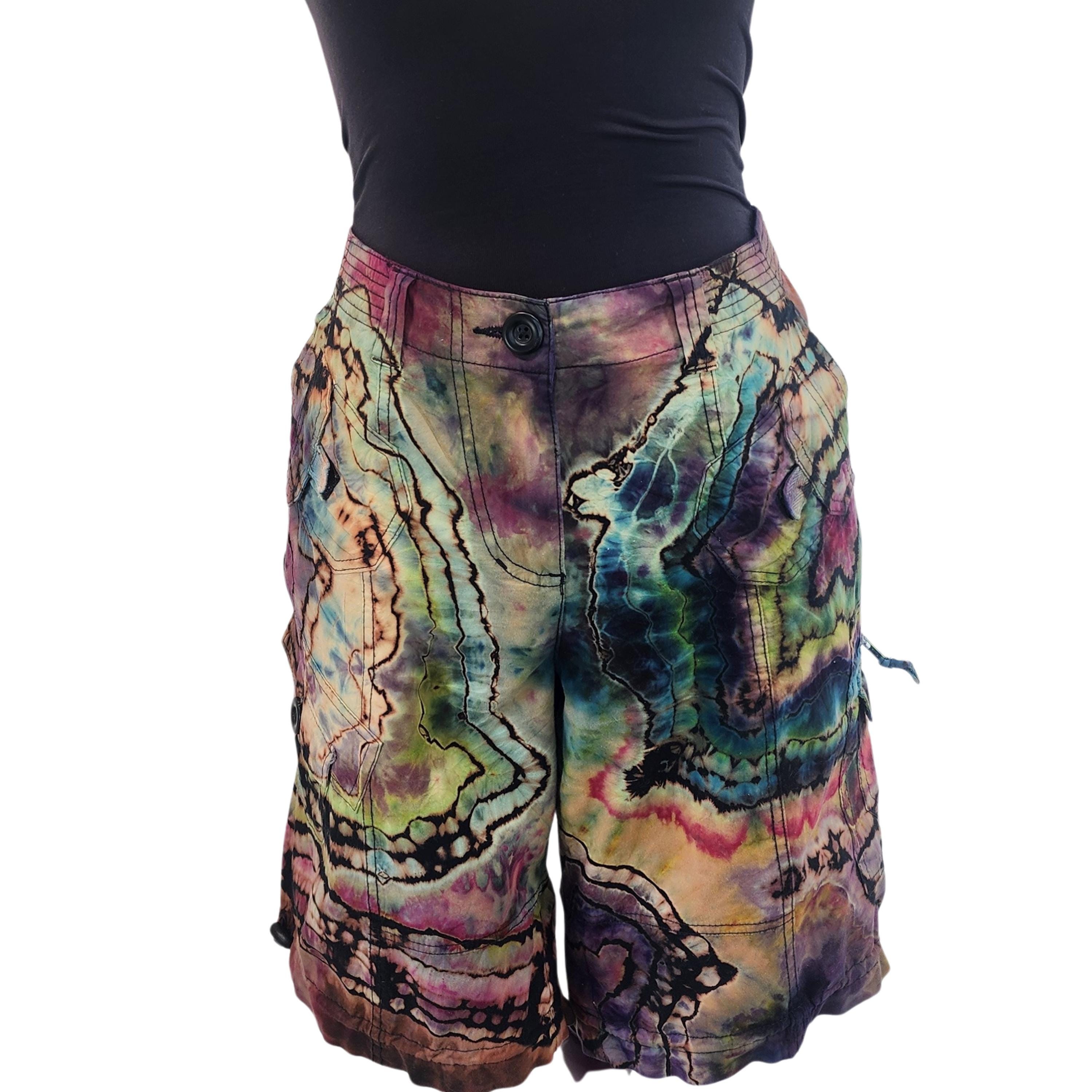 Reworked, Multi-Color Geodes Handmade Cotton Reverse Snow-Dyed Cargo Shorts. Size: 12