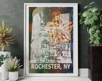 Rochester NY Skyline Monoprint Poster: Unique Mixed Media Art (13x19")