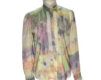 Reworked, Tie-Dyed, Vintage Button Down Shirt w/ Lace Detail. Size Medium